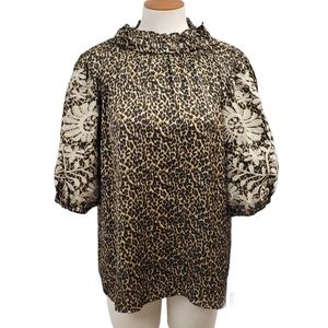 THML Leopard Print Top Embroidered Puff Sleeves XL. No tags, worn once